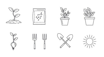 Line art illustration depicting various gardening elements and tools in a simple and clean style
