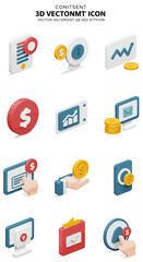 Set of 3D vector icons representing business, finance, and technology concepts.