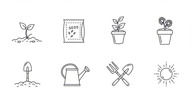 Collection of gardening icons including plants seeds tools watering can and sun in black and white