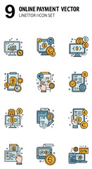 Collection of nine online payment vector icons featuring computers, documents, and currency symbols.