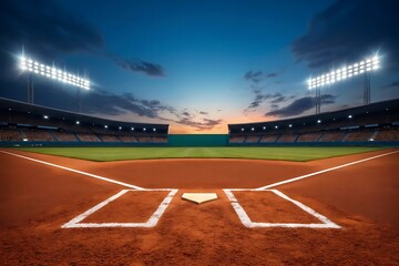 Obraz premium Empty baseball stadium under a twilight sky, awaiting the game