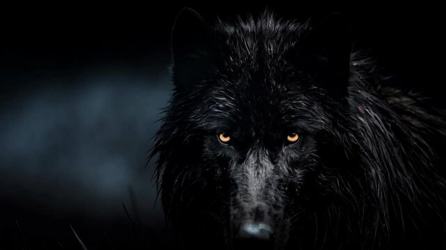 Intense portrait of a black wolf with striking golden eyes, shrouded in dark moody ambiance. Mysterious animal stares intensely in shadowy scene.