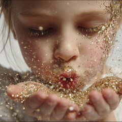 Girl blowing glitter gold dust sparkle magic fantasy dream childhood innocence celebration beauty portrait