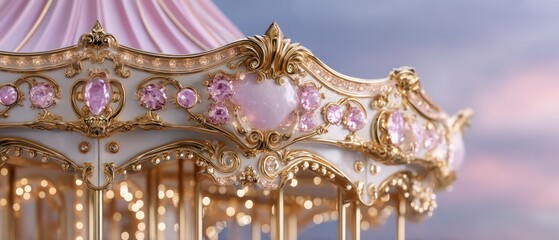 Fototapeta premium Elegant Pink and Gold Carousel Detail Fairytale Theme Amusement Park Festive Whimsical