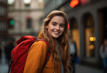 Fototapeta premium A smiling young woman with long hair and a bright orange backpack walks joyfully in a bustling city environment, radiating confidence and excitement.