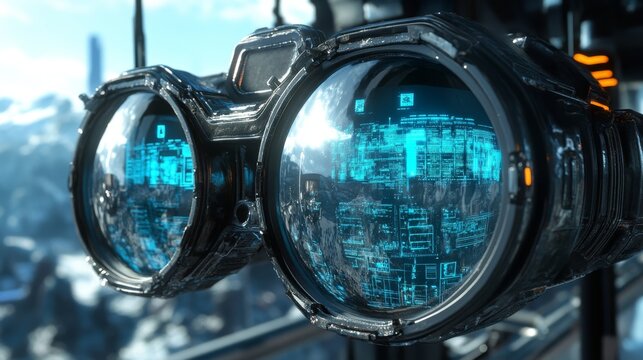 Futuristic cgi rendering of a person wearing high-tech virtual reality simulator glasses in a sci-fi digital environment with holographic interface and immersive technology elements