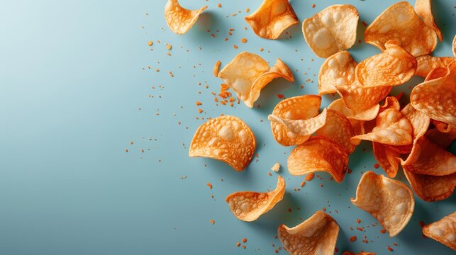 Crispy potato chips are artfully scattered on a tranquil blue background, showcasing their golden texture and inviting a sense of indulgence and snack-time delight.