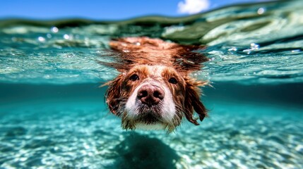 A golden retriever energetically swimming underwater, vividly showcasing its joyful spirit and the beauty of the underwater world, epitomizing playfulness and connection with nature.