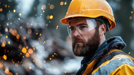 A rugged man in a hard hat and safety glasses embodies resilience, standing amidst flying sparks in an intense working environment, showcasing hard work and dedication.