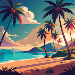 Obraz premium Vector illustration of a Tropical beach paradise scene.