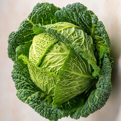 Fototapeta premium A fresh, vibrant green Savoy cabbage with crinkled leaves, showcasing its intricate patterns and natural beauty against a plain background. AI generated. 