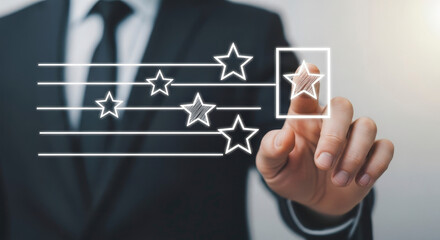 Businessperson Selecting Top Star in Rating System Representing Quality Evaluation and Positive Feedback Against Blurred Background