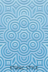 Ethnic blue background, cover design, banner, tribal wallpaper. Geometric elegant 3D pattern, embossing. Relief ornaments, arabesques, mandala, fresco of the East, Asia, India, Mexico, Aztec, Peru.