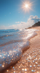 Illustration of sand and sea with waves crashing on the shore, sparkling in sunlight.