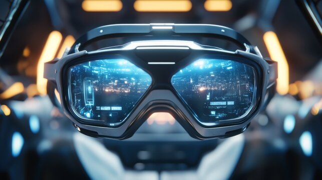 Futuristic cgi rendering of a person wearing high-tech virtual reality simulator glasses in a sci-fi digital environment with holographic interface and immersive technology elements




