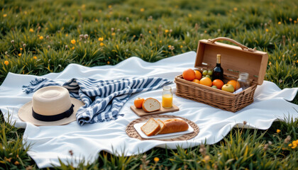 Delightful picnic scene featuring white blanket spread across grassy field, adorned with straw hat, blue and white striped towel, wicker basket filled with fresh fruits, and bottle of beverage