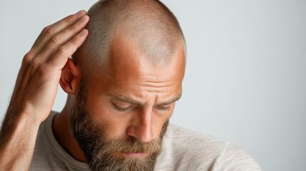 Obraz premium A contemplative man with a shaved head and beard poses with a thoughtful expression, representing introspection and the deeper layers of human emotion in a clean, artistic format.