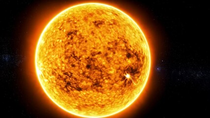 Detailed view of the sun with surface flares and dark spots against a backdrop of space and distant stars