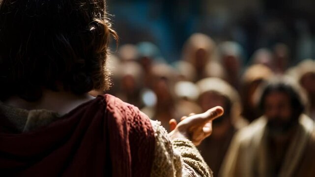 The hands of a teacher, gesturing towards a group of people, representing Jesus role as a teacher and preacher of Gods word.