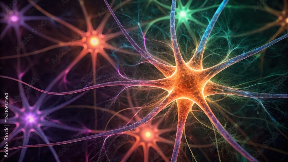 Poster glowing fractal neurons in spectrum hues with gigapixel detail
