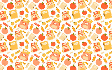 Back to school seamless background featuring cheerful supplies on a light backdrop.
