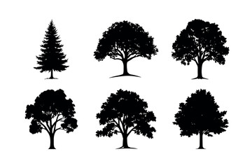 Six black silhouettes of different trees