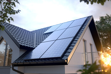 Solar panels on the roof, 3D illustration