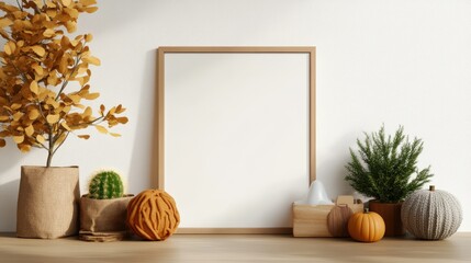 Empty wooden picture frame on a shelf surrounded by decorative pumpkins, plants, and cozy decor items