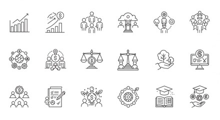 Collection of business and finance related line art icons on a white background displayed in rows