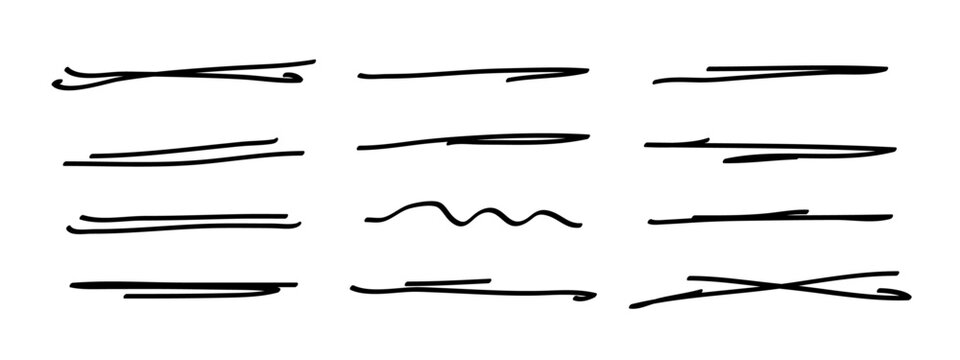 Underlines set, hand drawn accentuation marker pen strokes. Doodle style divider separator handwritten collection wavy curly various strips art lines. Isolated. Vector illustration