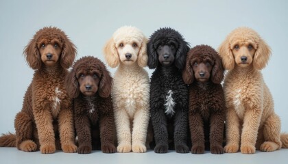 Poodles of various colors sitting together