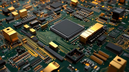 Obraz premium Close-up view of a green electronic circuit board with microchips, resistors, and conductive pathways used in modern computing and digital technology hardware