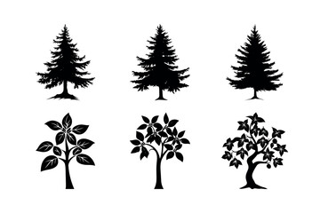 Fototapeta premium Six black silhouettes of trees and plants