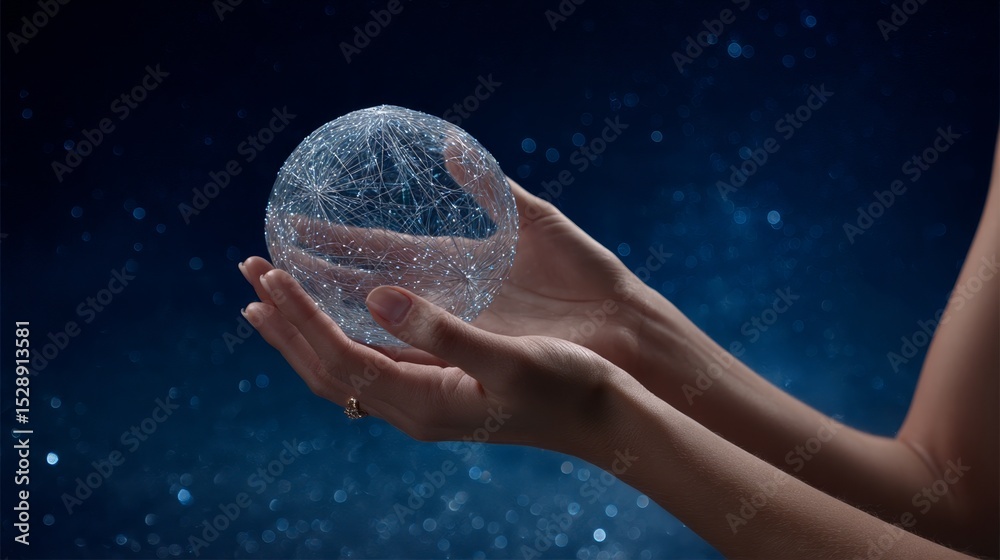 Poster hands holding a glowing digital sphere with data nodes against a starry night sky, symbolizing globa