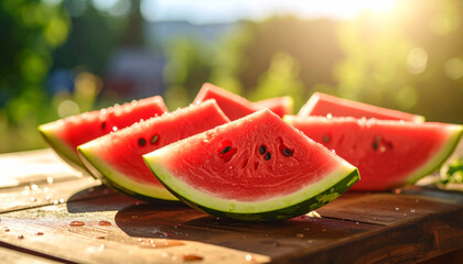 Fresh watermelon slices on rustic wooden table in sunlight, summer mood