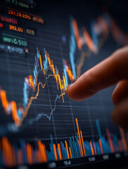 close up view of financial chart displaying market trends and data analysis, with finger pointing at graph, indicating investment decisions and market fluctuations