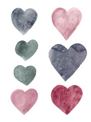 Abstract banner. Green, grey and pink watercolor. Powder hearts. Minimal concept. Hand drawn. Great design for any purpose