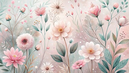 Pink floral seamless pattern with blossoms and leaves, perfect for spring nature design or vintage textile decoration