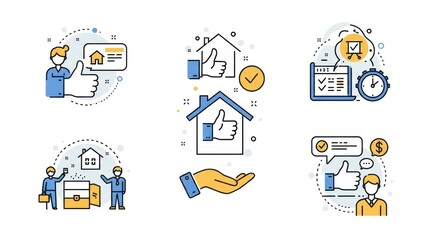 Collection of business and real estate icons with thumbs up and checklist on a white background