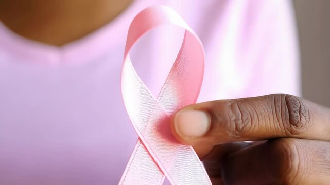 Close-up on dark skin person holding pink ribbon to support awareness on breast cancer on a pink shirt backdrop