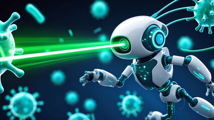 Fototapeta premium White Nanobot Destroying Viruses Green Laser Beam Sci Fi Technology Medical 3 D Render robot bacteria