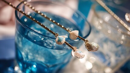 Blue cocktail glass with seashell stir sticks summer drink photography and refreshing beverage close up view