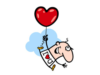 Happy man flying with heart balloon i love you
