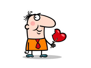 Cartoon man holding heart shaped lollipop