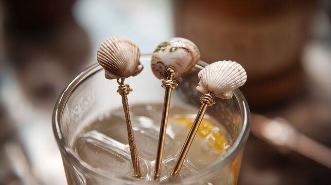 Cocktail picks with seashell toppers: elegant barware for summer parties and beach themed events decor