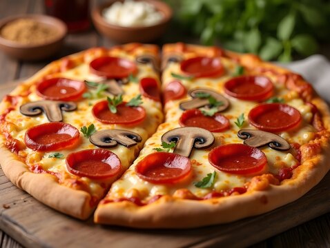 Discovering the flavors of a classic pepperoni pizza topped with mushrooms for a delightful meal