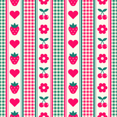 Cute geometric flower, berry fruits , heart and plaid pattern with striped background.