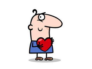 Cartoon man holding a big red heart