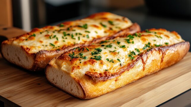 A mouthwatering display of freshly baked garlic bread, generously topped with melted cheese and herbs, promising a delightful culinary experience for enthusiasts and food lovers alike.