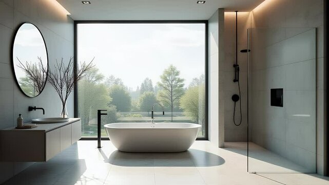 Modern Bathroom Design with Expansive Glass Shower and Freestanding Tub, Bright Natural Light from Large Window